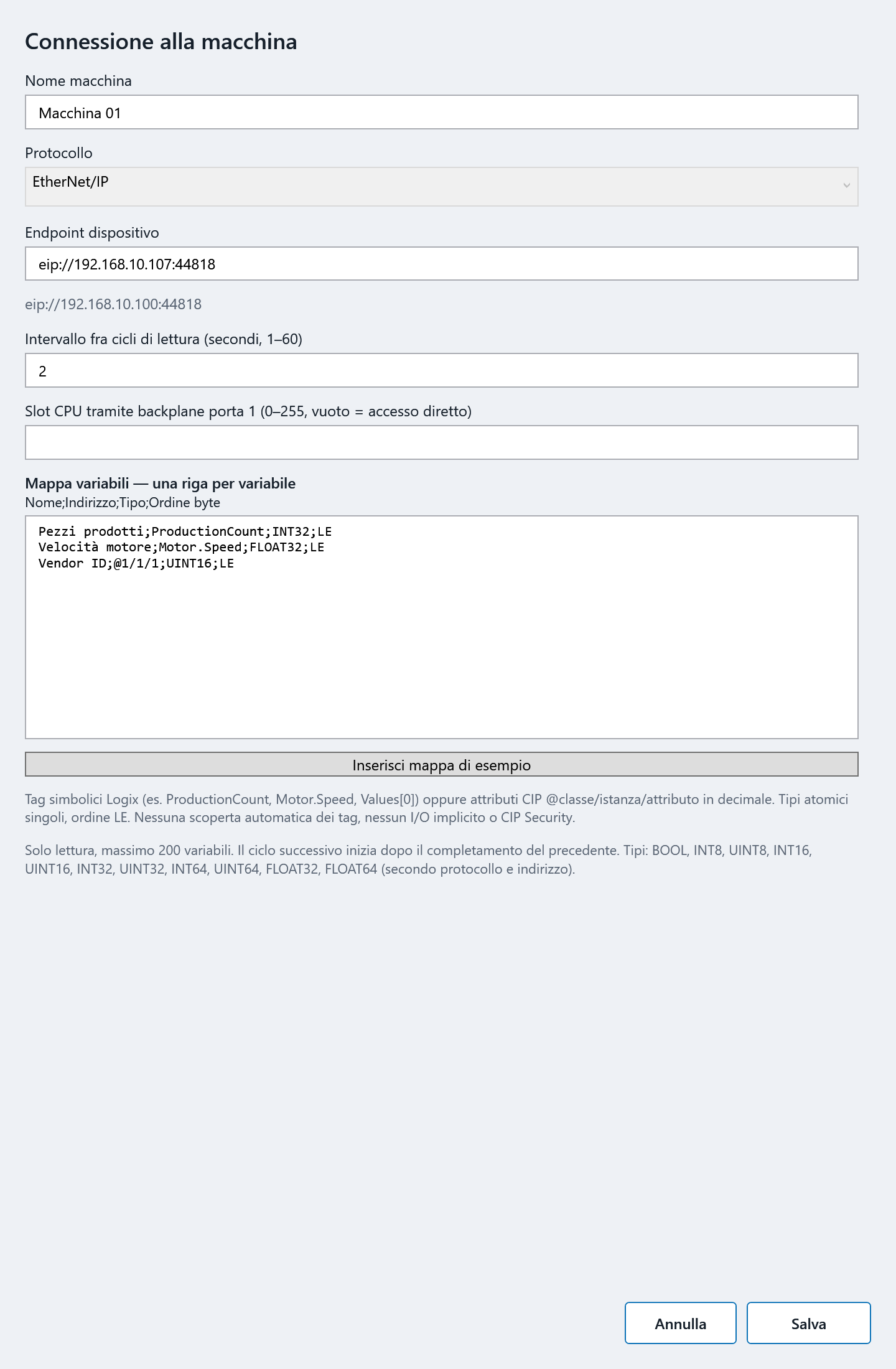 Tracer 5.0.17 — Configurazione EtherNet/IP