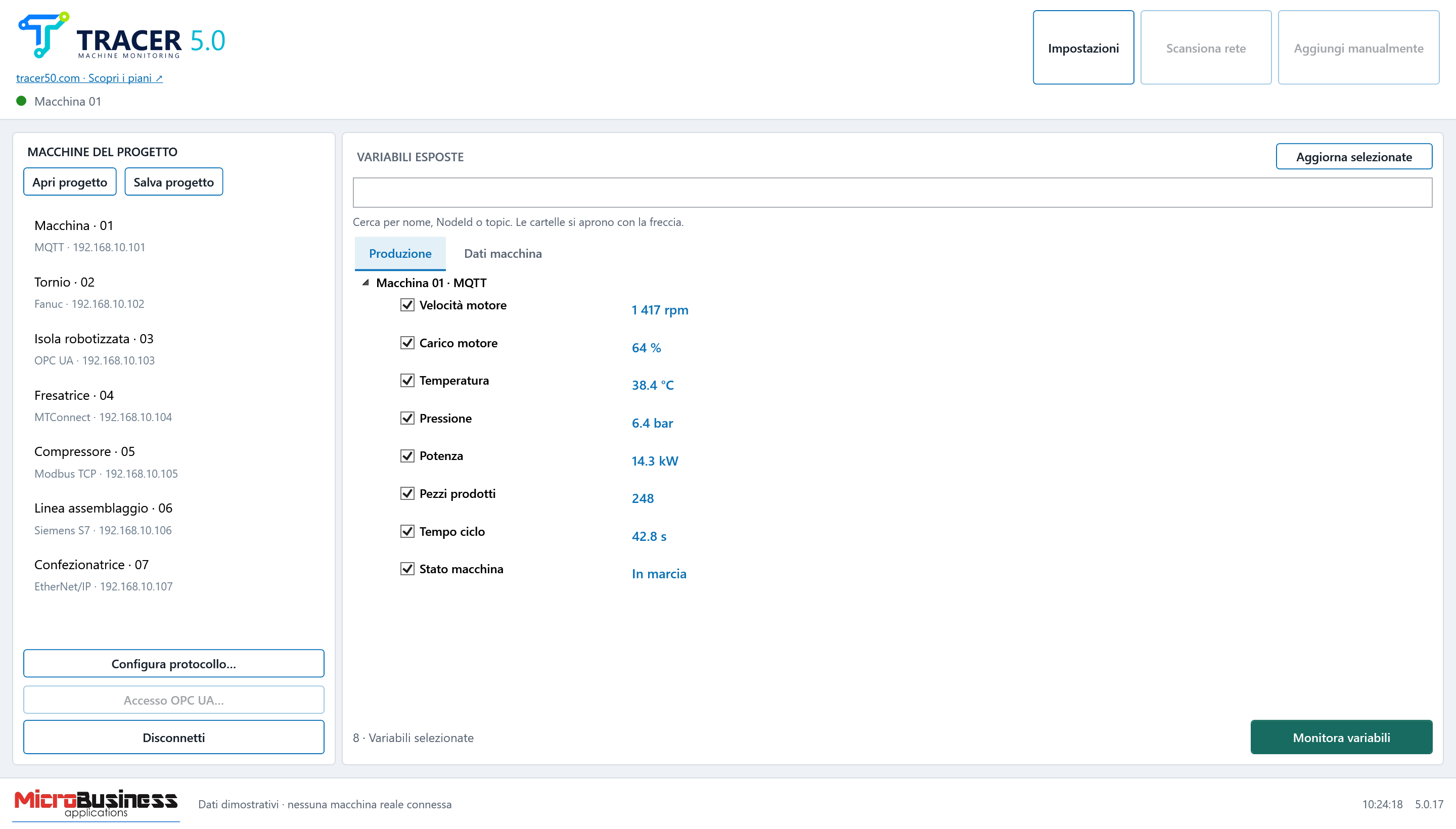 Interfaccia Windows Tracer: elenco macchine CNC e selezione delle variabili
