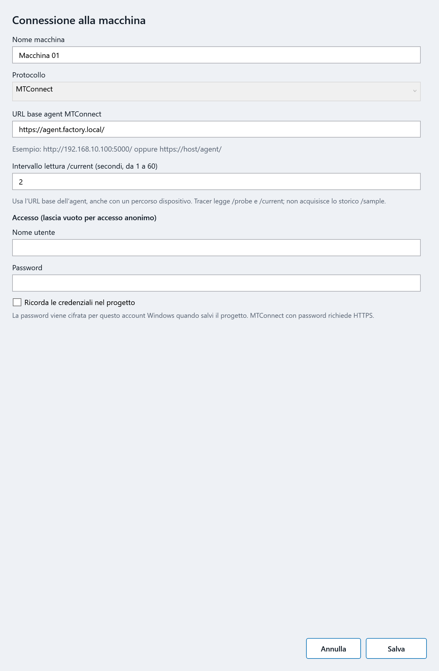 Tracer 5.0.17 — Configurazione MTConnect