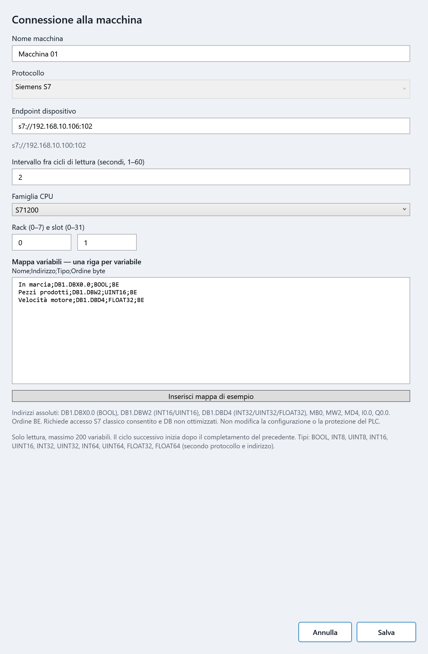 Tracer 5.0.17 — Configurazione Siemens S7