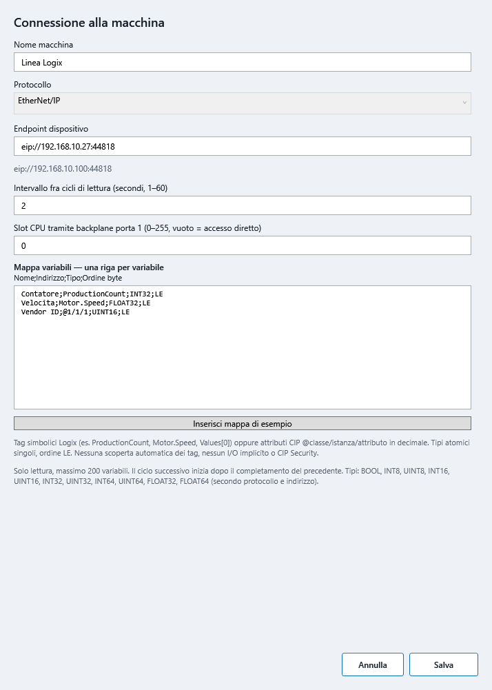 Tracer 5.0.8 — Configurazione EtherNet/IP