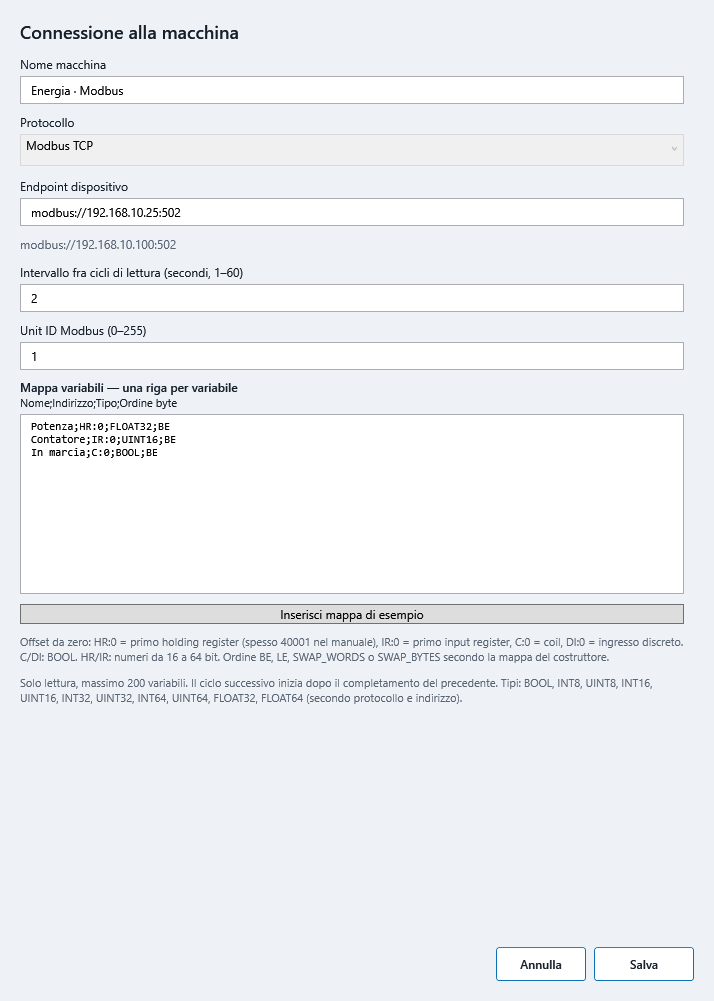 Tracer 5.0.8 — Configurazione Modbus TCP
